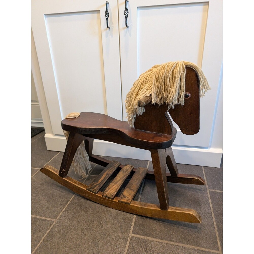VINTAGE SOLID WOOD ROCKING HORSE - Woods of America Style Yarn Hair Ex Con